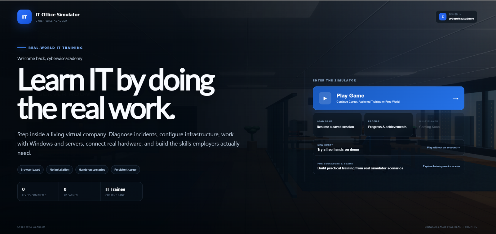 IT Office Simulator browser landing experience