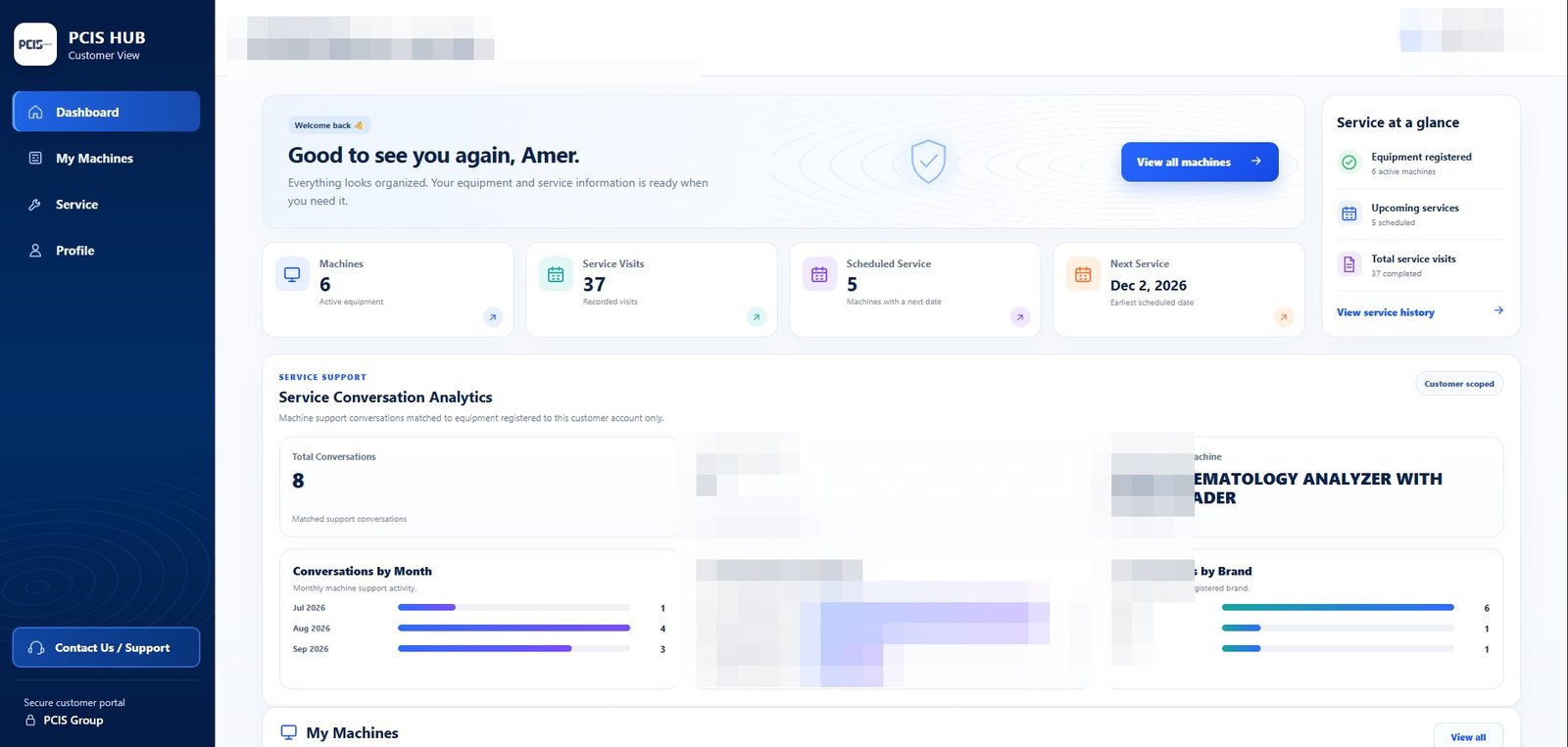 Sanitized PCIS HUB customer portal dashboard