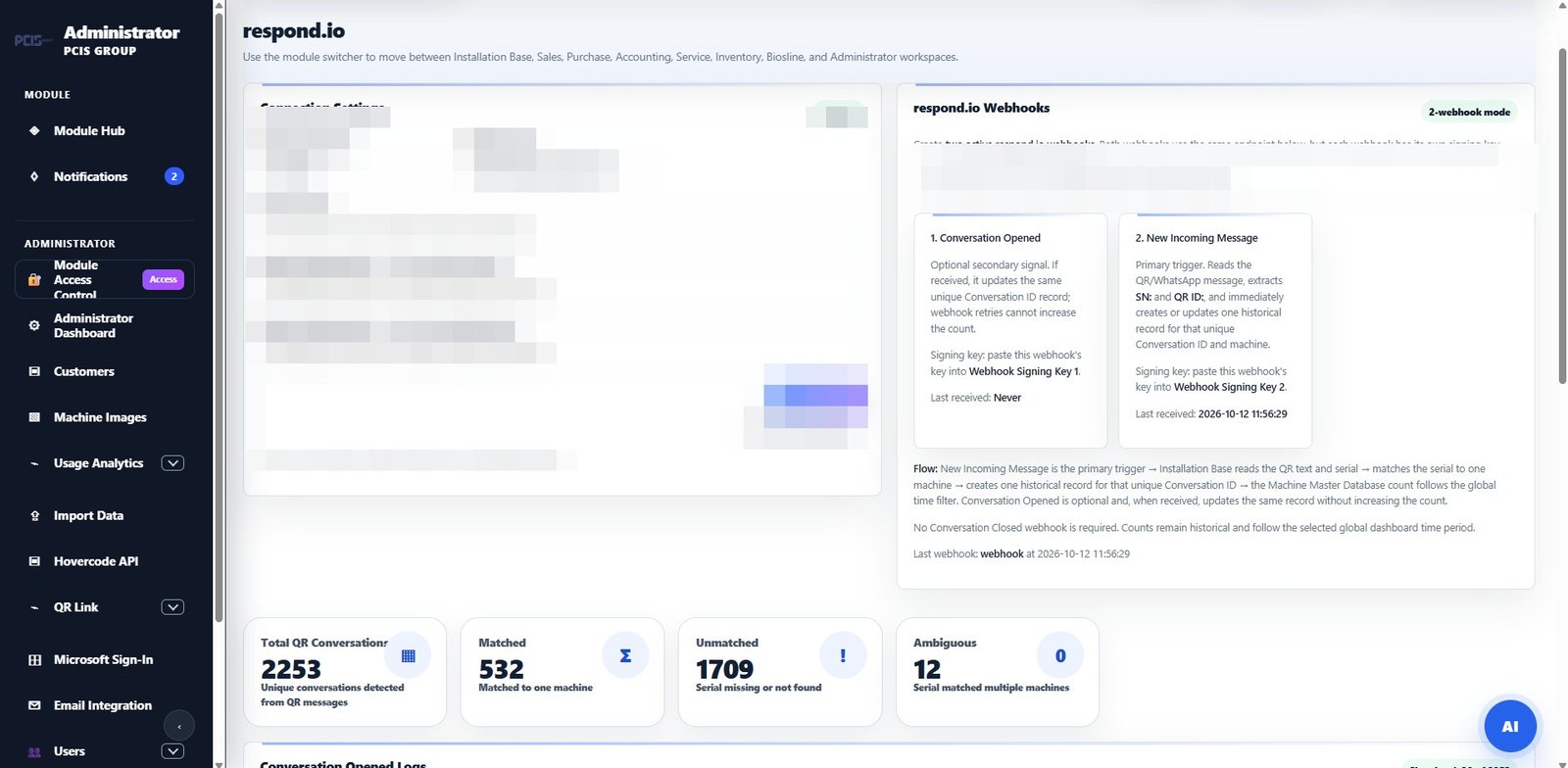 Sanitized Respond.io integration view