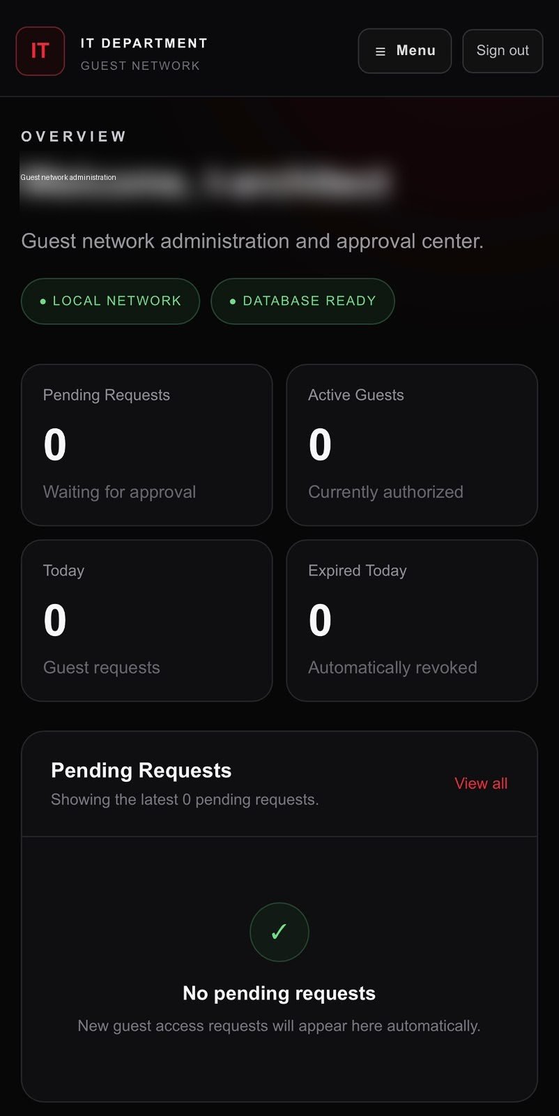 Sanitized guest network administration dashboard