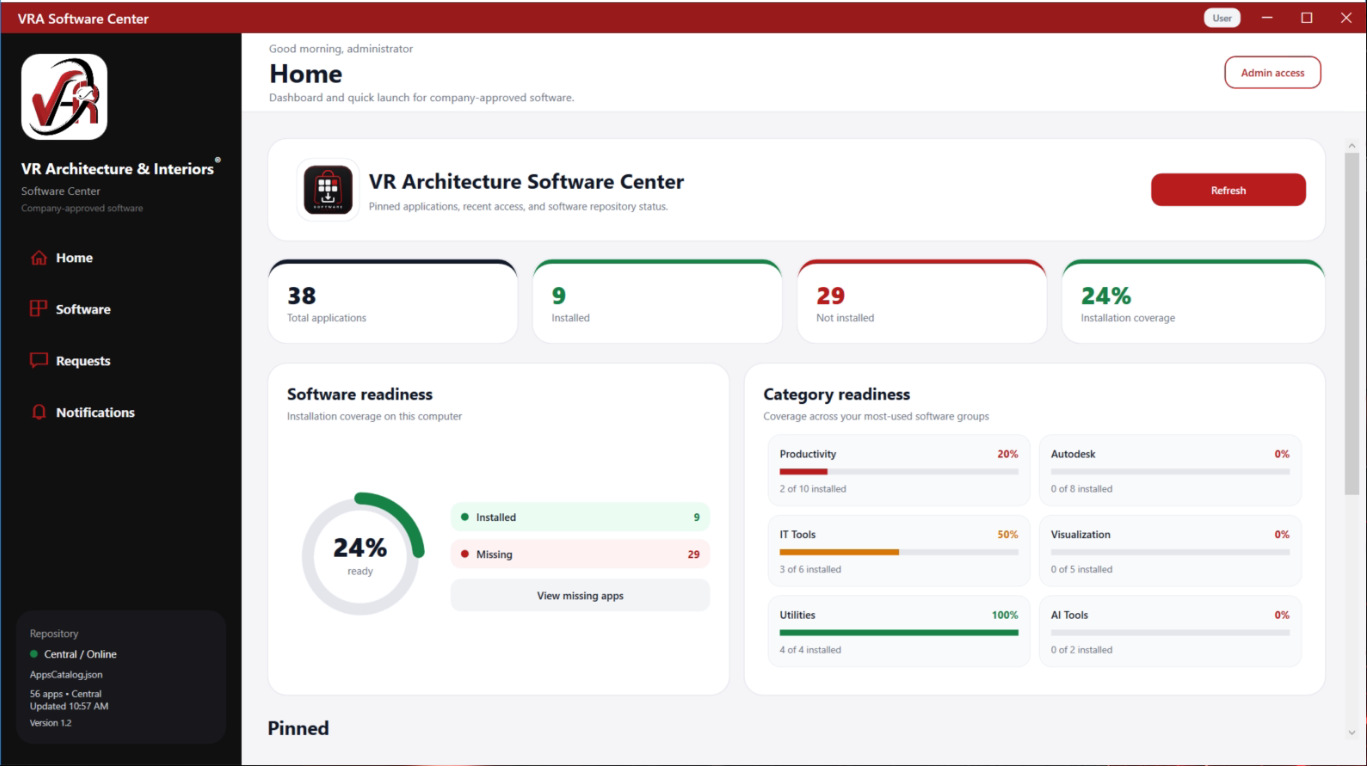 VRA Software Center dashboard
